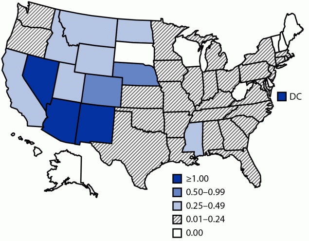 West Nile Virus and Other Domestic Nationally Notifiable Arboviral Diseases — United States, 2019 Figure is a map showing incidence of reported cases of West Nile virus neuroinvasive disease by state in the United States in 2019.