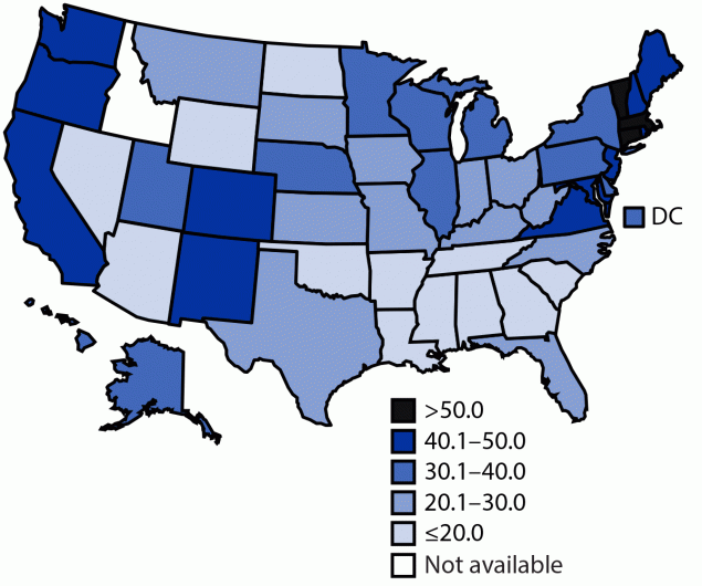 COVID-19 Vaccination Coverage Among Adolescents Aged 12–17 Years — United States, December 14, 2020–July 31, 2021 The figure is a map of the United States showing the percentage of adolescents aged 12–17 years who completed the COVID-19 vaccination series during December 14, 2020–July 31, 2021.