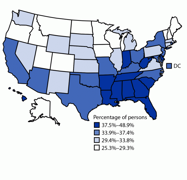 Short Sleep Duration Among Infants, Children, and Adolescents Aged 4 Months–17 Years — United States, 2016–2018 This figure shows the prevalence of short sleep duration among persons aged 4 months through 17 years, by state, from the National Survey of Children’s Health in the United States during 2016–2018.