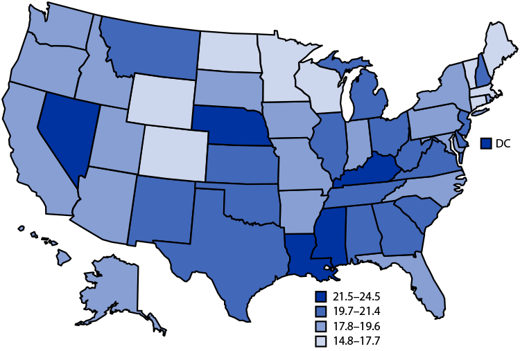 QuickStats: Age-Adjusted Death Rates for Female Breast Cancer, by State — National Vital Statistics System, United States, 2019 Figure is a U.S. map indicating the 2019 age-adjusted death rates for female breast cancer, by state, based on National Vital Statistics System data.