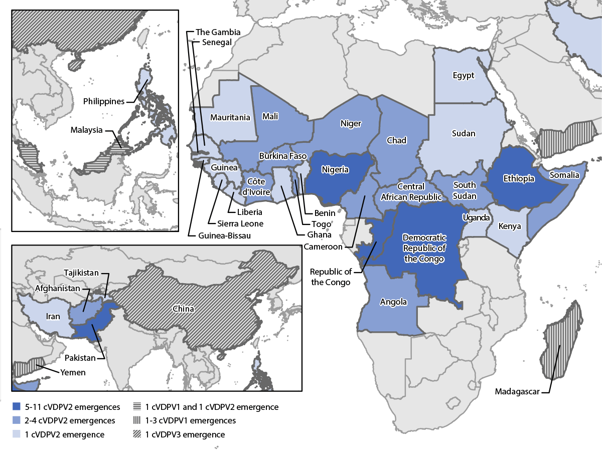 Update on Vaccine-Derived Poliovirus Outbreaks — Worldwide, January 2020–June 2021 Figure is a map showing the global distribution of the ongoing circulating vaccine-derived poliovirus outbreaks during January 2020 through June 2021.