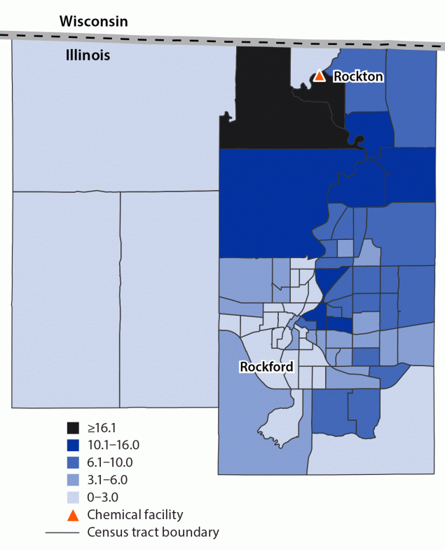 Notes from the Field: Deployment of an Electronic Self-Administered Survey to Assess Human Health Effects of an Industrial Chemical Facility Fire — Winnebago County, Illinois, June–July 2021 The figure is a map showing human health survey completion rate per 1,000 residents after a chemical manufacturing facility fire by U.S. Census tract in Winnebago County, Illinois, during July 1–15, 2021.