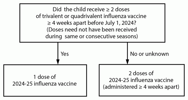 Prevention and Control of Seasonal Influenza with Vaccines: Recommendations of the Advisory Committee on Immunization Practices — United States, 2024–25 Influenza Season The figure is a flow chart that presents the influenza dosing algorithm for children aged 6-8 years.