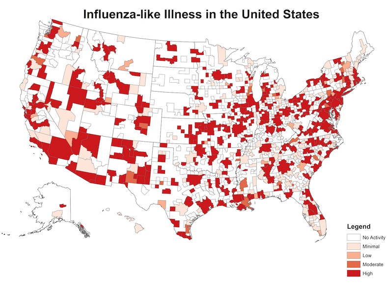 Map of the U.S. - Influenza-like illness in the United States. Legend white - no activity, pink - minimal, peach - low, orange, moderate, red high. Clusters of high flu activity in the north east, and south west. Minimal to No activity in the Midwest.