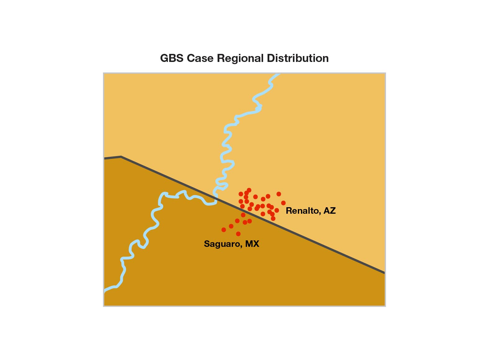 Map showing 24 cases of GBS in Renalto, Arizona and seven cases on Saguaro, Mexico