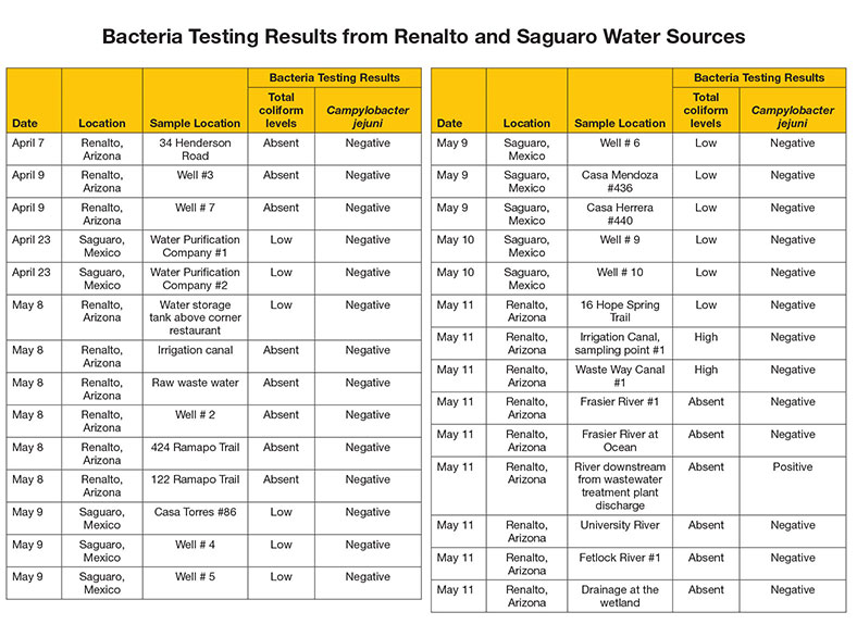 Table: Title: Bacteria Testing Results from Renalto and Saguaro Water Sources. Data by date with information on location, sample location, coliform levels, and Campylobacter jejuni bacteria testing results. April 7, Renalto, Arizona, 34 Henderson Road, absent coliform levels, negative Campylobacter jejuni test; April 9, Renalto, Arizona, Well #3, absent coliform levels, negative Campylobacter jejuni test; April 9, Renalto, Arizona, Well #7, absent coliform levels, negative Campylobacter jejuni test; April 23, Saguaro, Mexico, Water Purification Company #1, low coliform levels, negative Campylobacter jejuni test; April 23, Saguaro, Mexico, Water Purification Company #2, low coliform levels, negative Campylobacter jejuni test; May 8, Renalto, Arizona, Water storage tank above corner restaurant, low coliform levels, negative Campylobacter jejuni test; May 8, Renalto, Arizona, Irrigation canal, absent coliform levels, negative Campylobacter jejuni test; May 8, Renalto, Arizona, Raw waste water, absent coliform levels, negative Campylobacter jejuni test; May 8, Renalto, Arizona, Well #2, absent coliform levels, negative Campylobacter jejuni test; May 8, Renalto, Arizona, 424 Ramapo Trail, absent coliform levels, negative Campylobacter jejuni test; May 8, Renalto, Arizona, 122 Ramapo Trail, absent coliform levels, negative Campylobacter jejuni test; May 9, Saguaro, Mexico, Casa Torres #86, low coliform levels, negative Campylobacter jejuni test; May 9, Saguaro, Mexico, Well #4, low coliform levels, negative Campylobacter jejuni test; May 9, Saguaro, Mexico, Well #5, low coliform levels, negative Campylobacter jejuni test; May 9, Saguaro, Mexico, Well #6, low coliform levels, negative Campylobacter jejuni test; May 9, Saguaro, Mexico, Casa Mendoza #436, low coliform levels, negative Campylobacter jejuni test; May 9, Saguaro, Mexico, Casa Herrera #440, low coliform levels, negative Campylobacter jejuni test; May 10, Saguaro, Mexico, Well #9, low coliform levels, negative Campylobacter jejuni test; May 10, Saguaro, Mexico, Well #10, low coliform levels, negative Campylobacter jejuni test; May 11, Renalto, Arizona, 16 Hope Spring Trail, low coliform levels, negative Campylobacter jejuni test; May 11, Renalto, Arizona, Irrigation Canal, sampling point #1, high coliform levels, negative Campylobacter jejuni test; May 11, Renalto, Arizona, Waste Way Canal #1, high coliform levels, negative Campylobacter jejuni test; May 11, Renalto, Arizona, Frasier River #1, absent coliform levels, negative Campylobacter jejuni test; May 11, Renalto, Arizona, Frasier River at Ocean, absent coliform levels, negative Campylobacter jejuni test; May 11, Renalto, Arizona, River downstream from wastewater treatment plant discharge, absent coliform levels, positive Campylobacter jejuni test; May 11, Renalto, Arizona, University River, absent coliform levels, negative Campylobacter jejuni test; May 11, Renalto, Arizona, Fetlock River #1, absent coliform levels, negative Campylobacter jejuni test; May 11, Renalto, Arizona, Drainage at the wetland, absent coliform levels, negative Campylobacter jejuni test.
