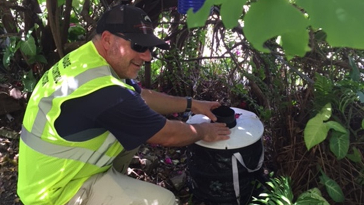 Photo showing a mosquito expert checking a BG Sentinel trap for mosquitoes.