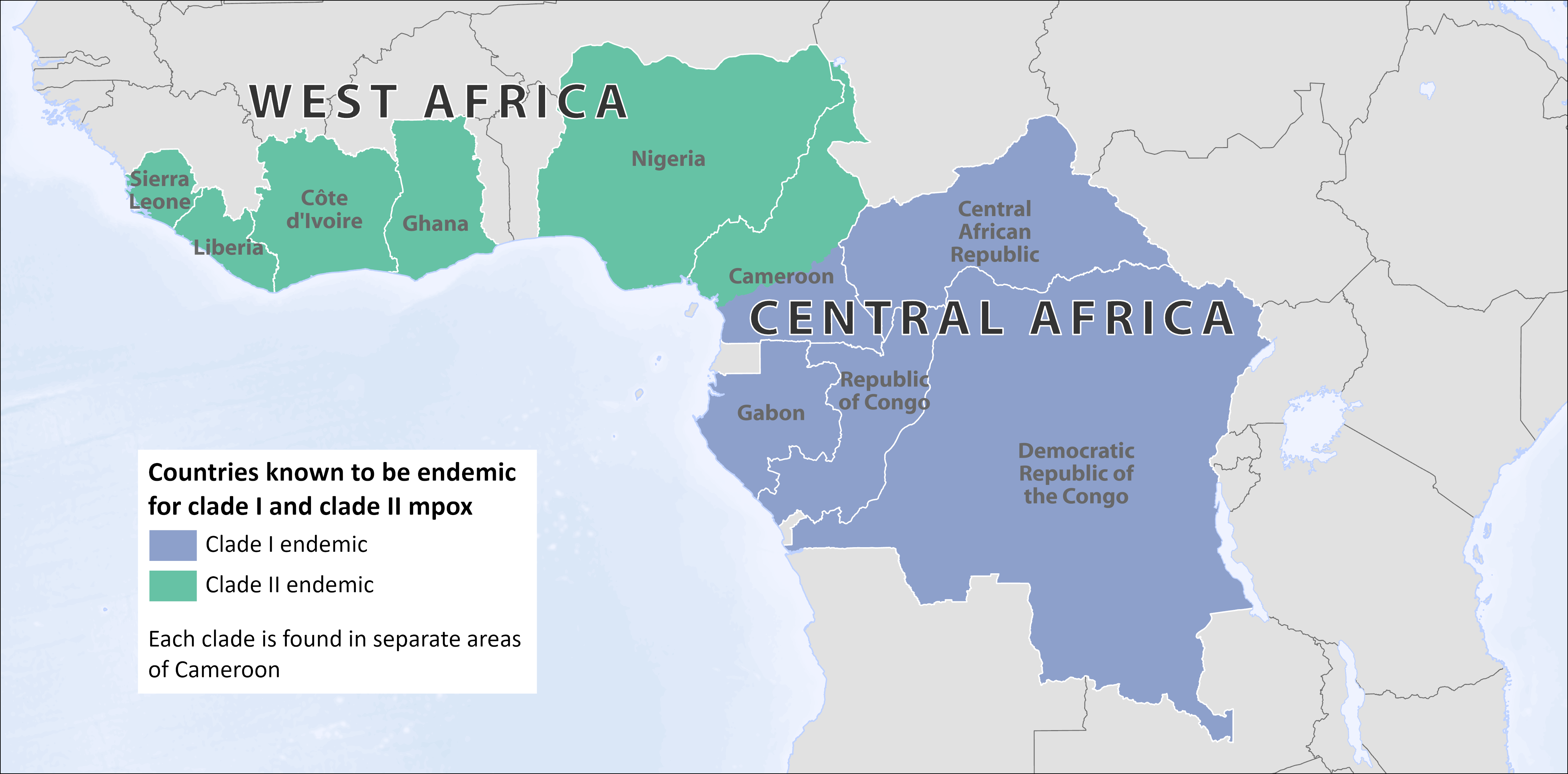 Map of Africa showing clade I endemicity in blue and clade II endemicity in green