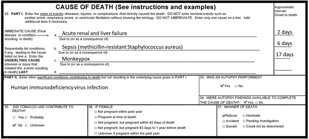 Example 1 Mpox Death Certificate An example of how to write a death certificate related to mpox