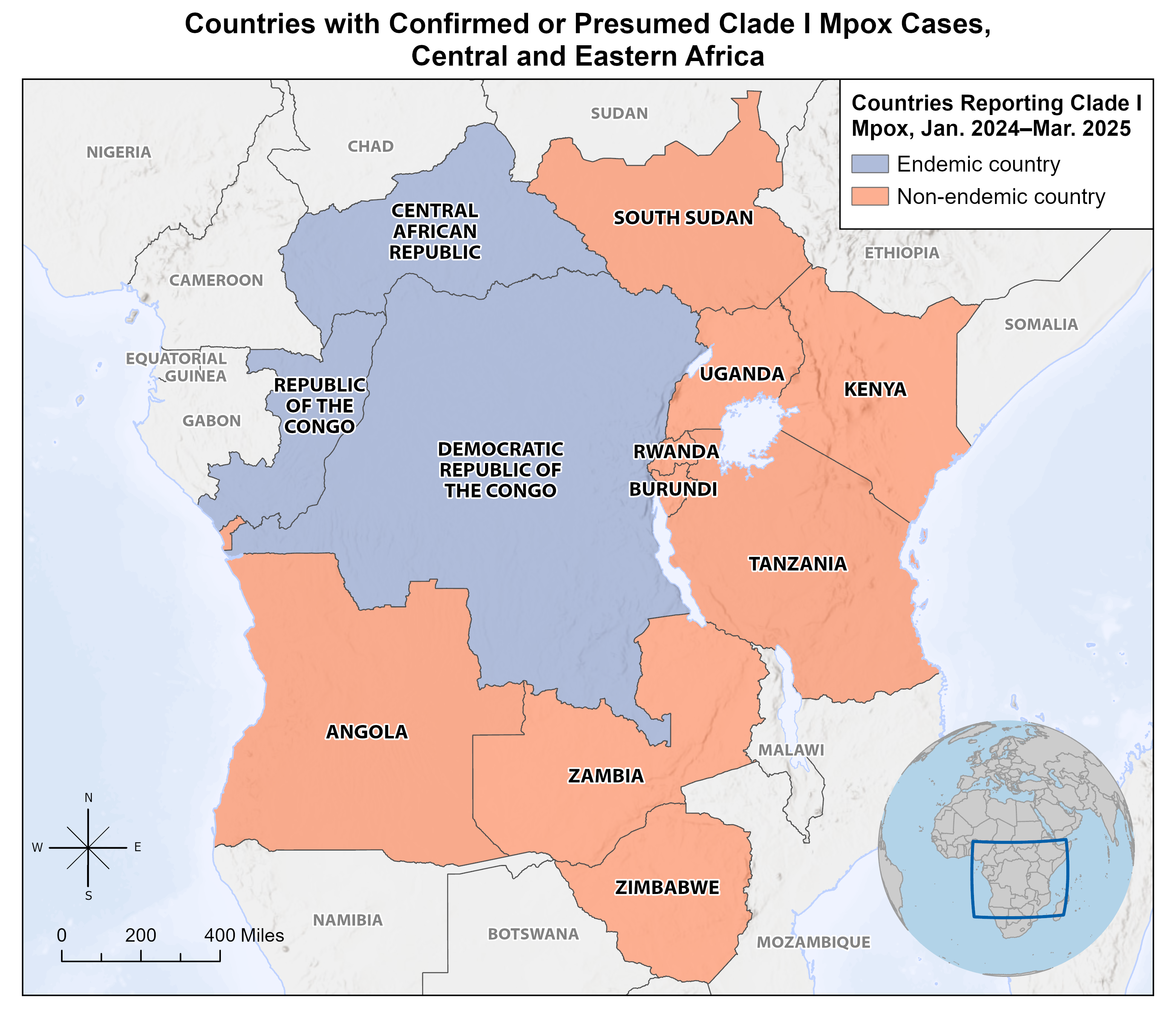 Map of Central and Eastern Africa showing countries with endemic and non-endemic mpox