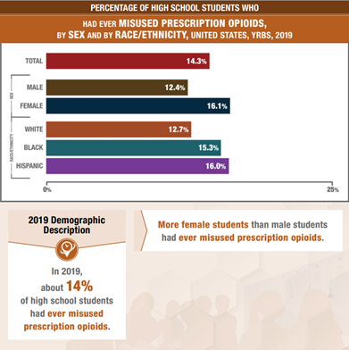Percentage of High School Students Who Had Ever Misused Prescription Opioids, by Sex and by Race/Ethnicity, United States, YRBS, 2019