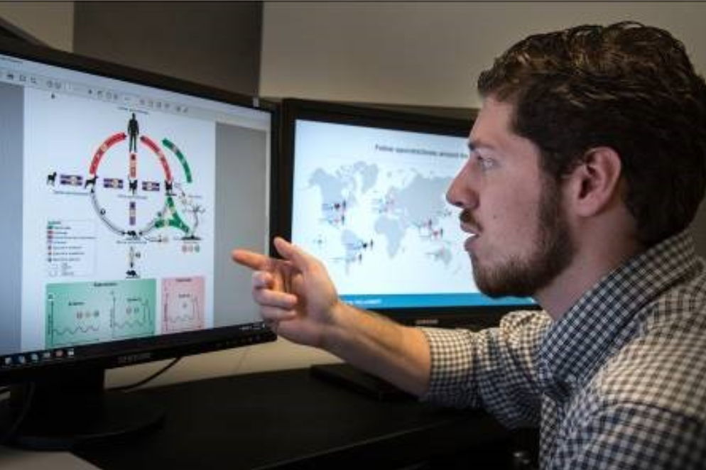 cdcwork01 A scientist looks at data, diagrams, and maps on a computer screen.
