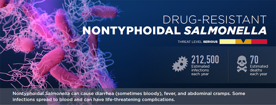 ThreatsReportscreenshot900px AR Threats Report factsheet on drug-resistant non-typhoidal Salmonella showing estimated infections and deaths per year and labeling it a serious threat.