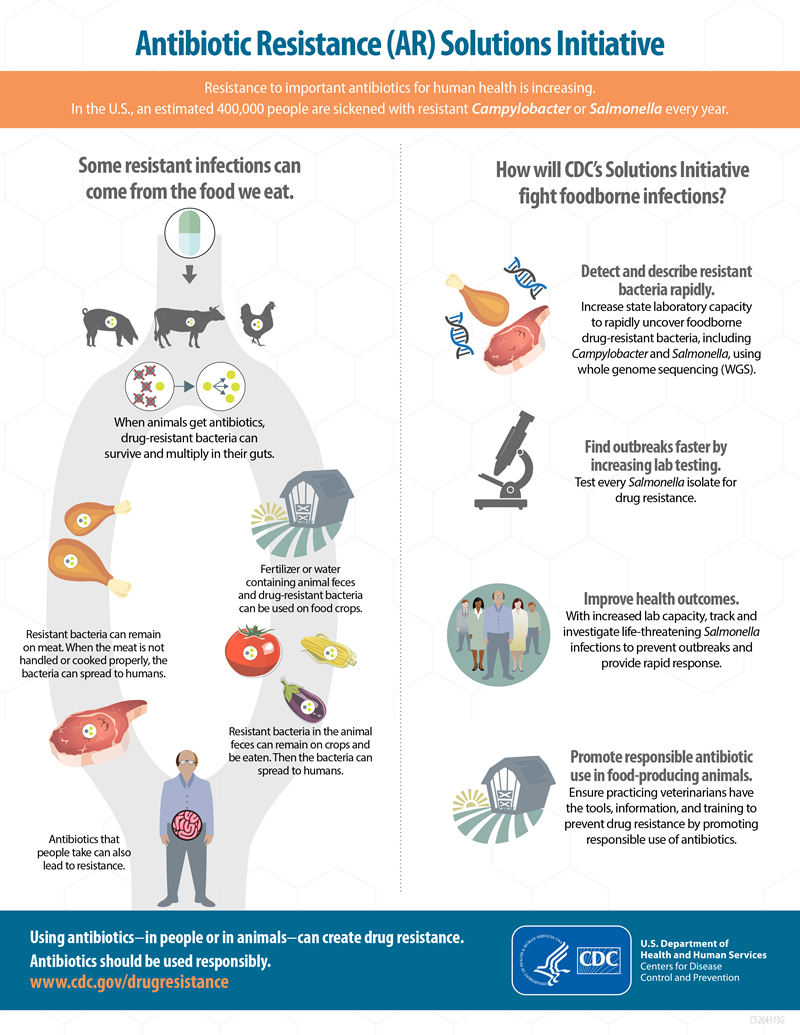 drug-resistant-foodborne-antibiotics-infographic An infographic describing how people can get resistant infections from the food we eat, and how the Antibiotic Resistance (AR) Solutions Initiative is working to prevent foodborne infections.