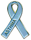 Asthma Ribbon A metal pin in the shape of a blue ribbon for asthma awareness.
