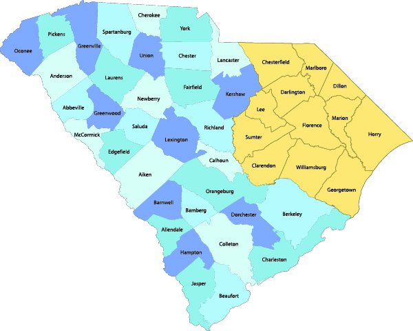 pee-dee-south-carolina-600px Map of South Carolina with the Pee Dee region highlighted