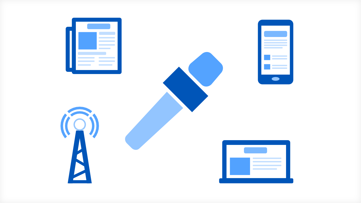 Media Resources Symbols of a newspaper, mobile device, laptop, and broadcast antenna surrounding a microphone