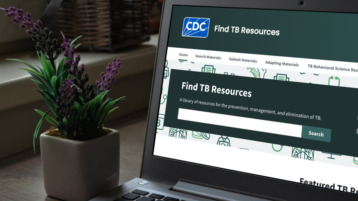 Find TB Resources Photo of a laptop in an indoor setting with the Find TB Resources website on its screen