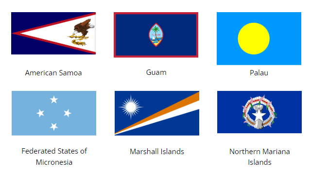 NOFO6map.jpg Flags of American Samoa, Guam, Palau, Federated States of Micronesia, Marshall Islands, American Mariana Islands.