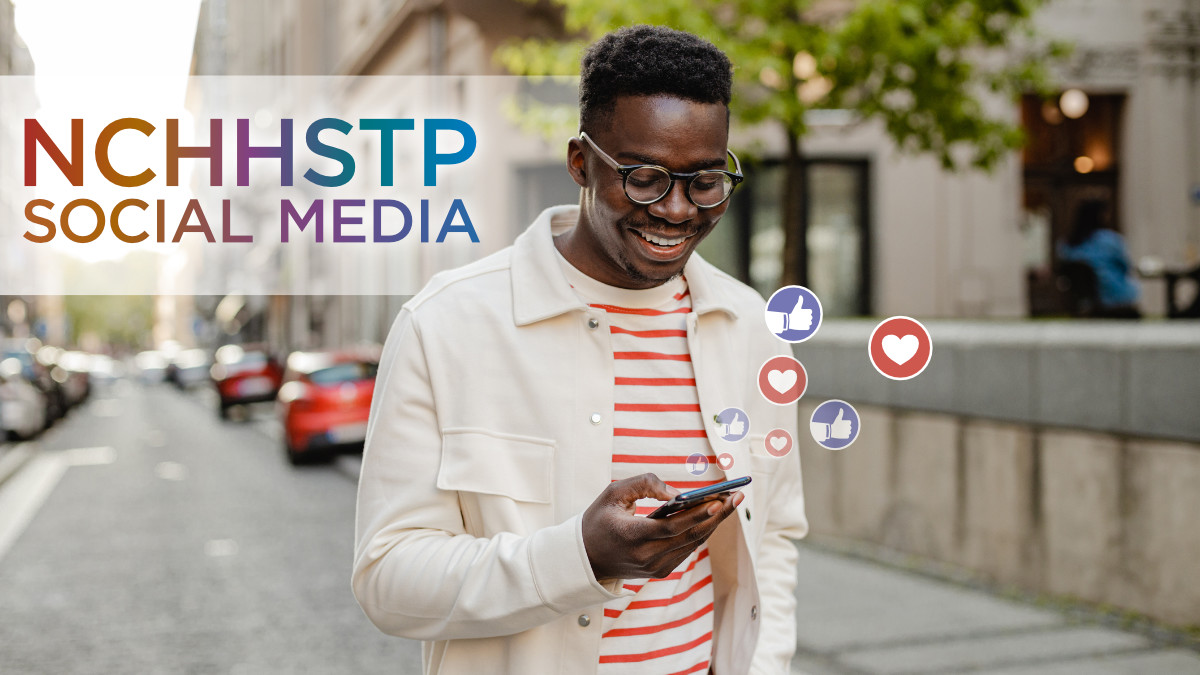 NCHHSTP Social Media An African American man wearing glasses interacts with social media on his mobile phone.
