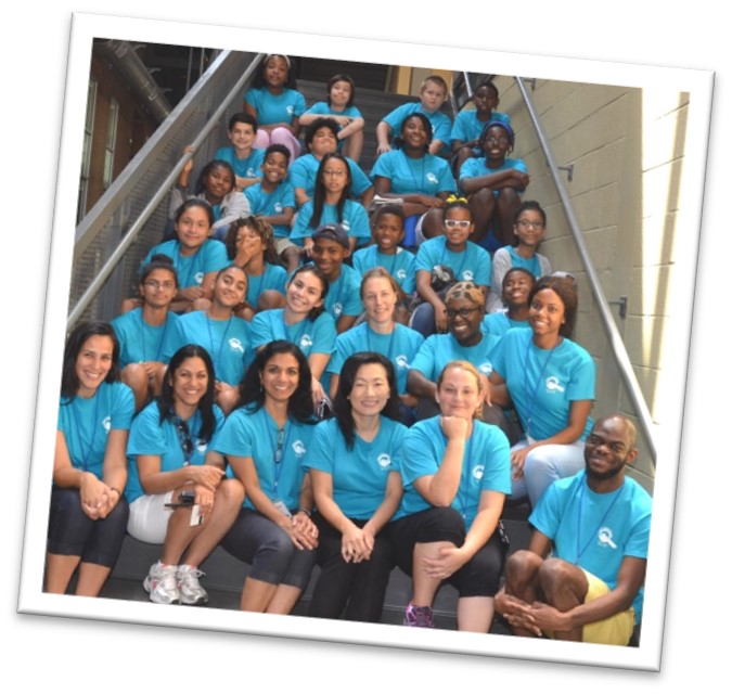 prev2 2017 camp group photo showing 30+ campers and staff in matching aqua shirts.