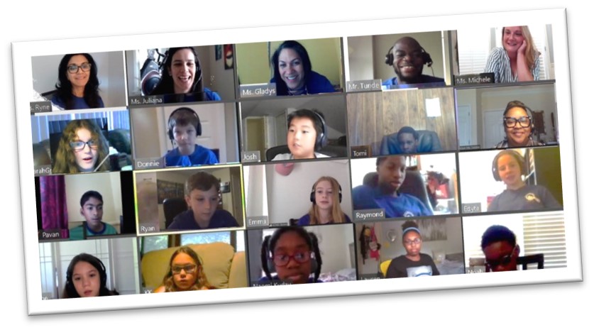 prev5 2020 virtual camp group photo. A screenshot showing Zoom windows of campers and staff.