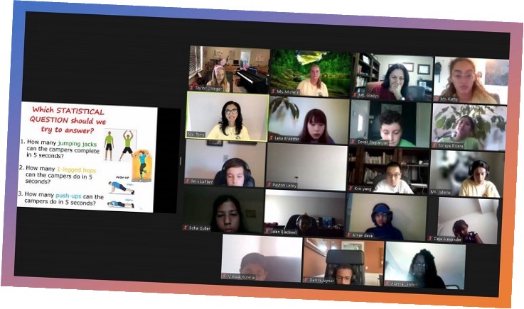 prev6 2021 virtual camp group photo. A screenshot showing Zoom windows of campers and staff discussing a prompt.