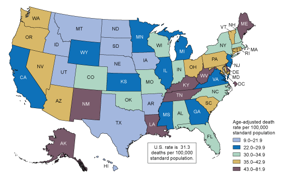 Figure 1 is a map showing the age-adjusted rate of drug overdose deaths in the United States by state for 2023. 