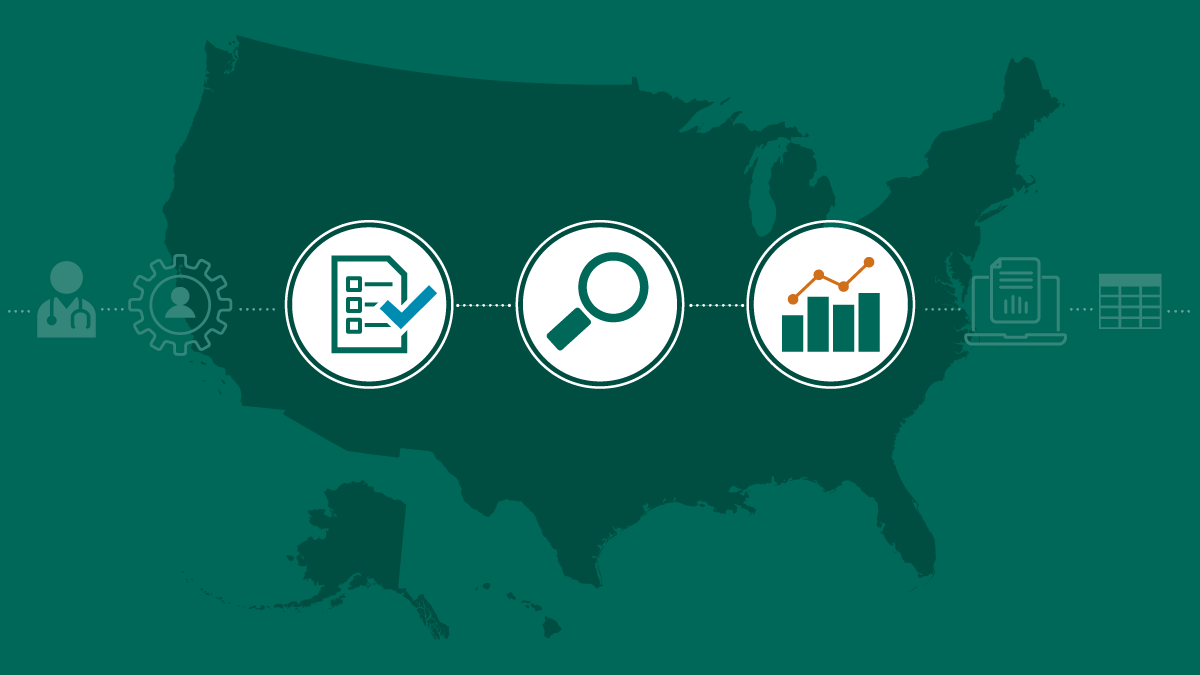 NCHS Homepage Image Image of a US map overlayed with general health and statistics related icons