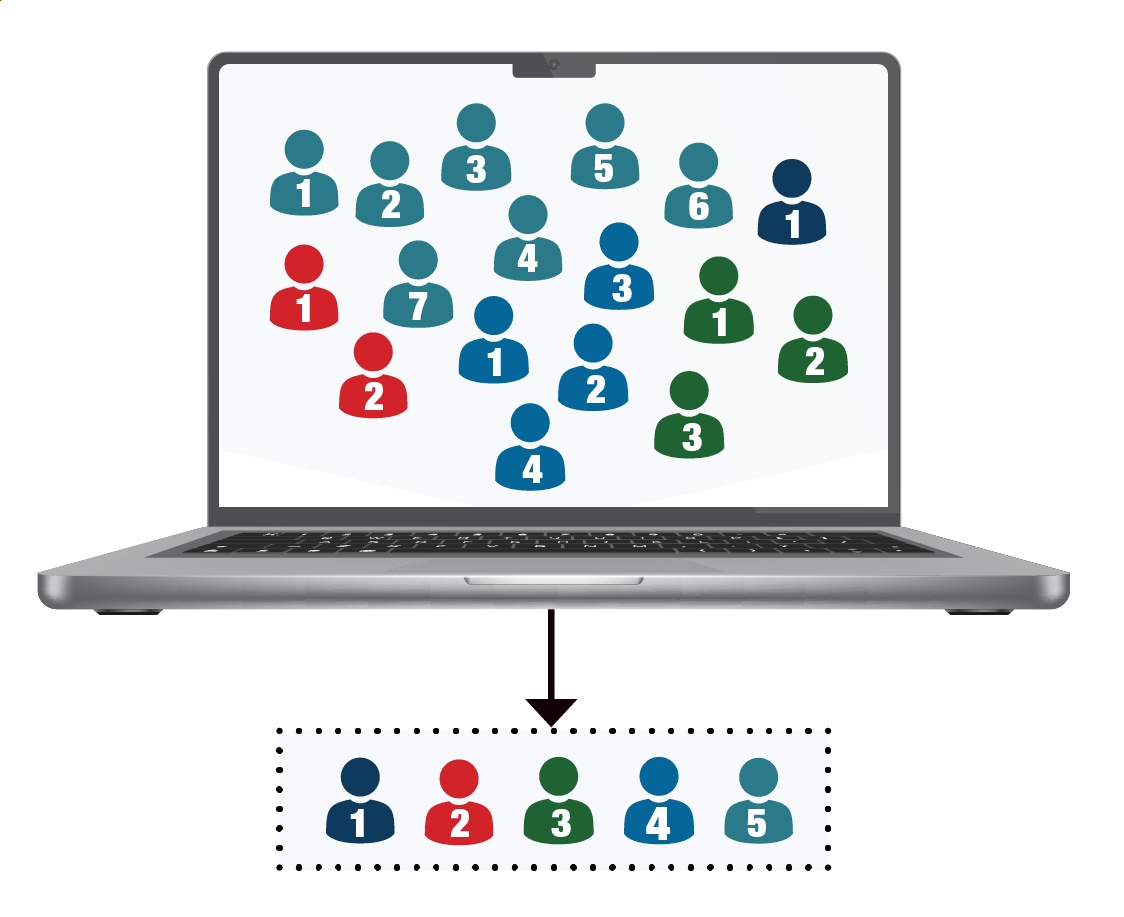 NHANES Sampling laptop computer with outlines of people on the screen. Down arrow points from computer to 5 selected people