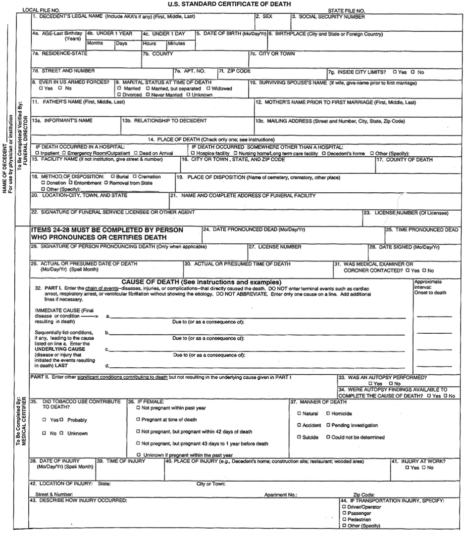 Excerpt from U.S. Standard Certificate of Death