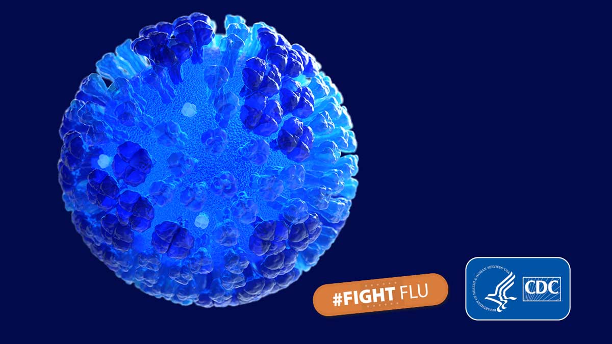 Fight-Flu-Virus Graphic of Flu Virus molecule with the hashtag "Fight Flu"