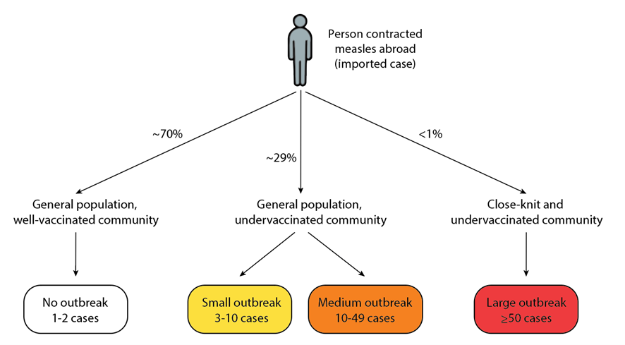diagram-measles-outbreaks Diagram showing common patterns and sizes of measles outbreaks after exposure to an imported measles case, among different U.S. populations with varied MMR vaccination levels