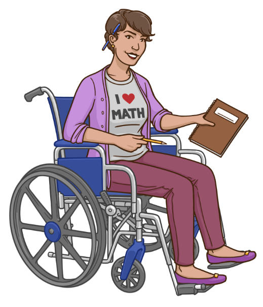 nerd-bella Woman biostatistician sitting a in wheel chair holding folder and pencil.