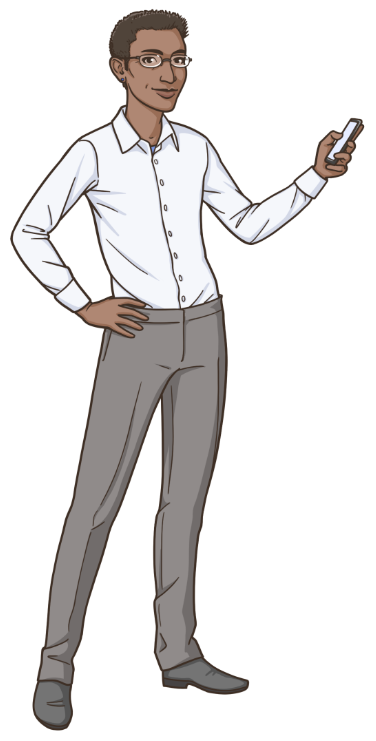 nerd-harper Male health communication specialist standing holding phone.