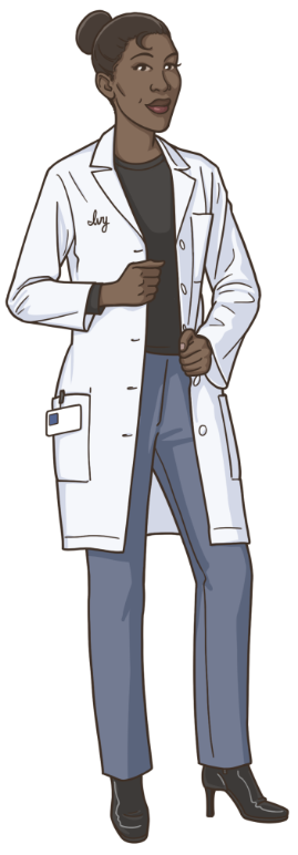 nerd-ivy-1 Woman standing with lab coat.