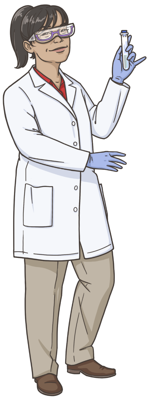 nerd-lily woman laboratory scientist wearing googles, overcoat, and holding a vial.