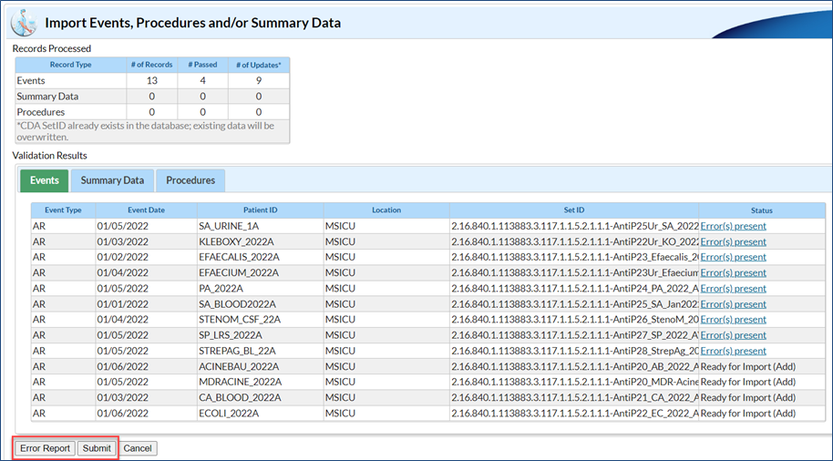 Import-events-procedures-summary Screenshot of when submitting files together and some records pass and others fail when batch uploading multiple AR files