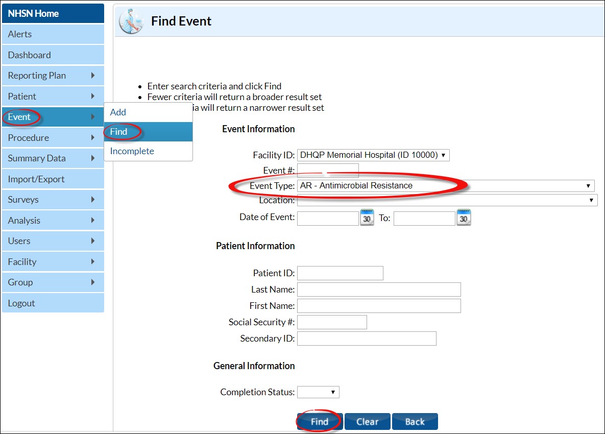 ar-img-3 The Find Event screen shot shows how to navigate within NHSN homepage to the Find Event page and highlights the Event Type drop down box in which AR - Antimicrobial Resistance is shown