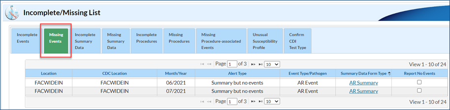 incomplete-missing-list A screenshot of the Missing Event alert screen that can appear.