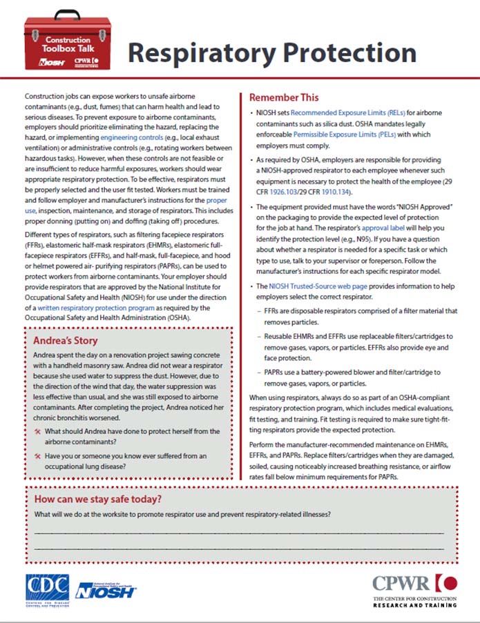 Publication 2022-102, This fact sheet informs construction workers of the respiratory protection needed to protect themselves in the workplace