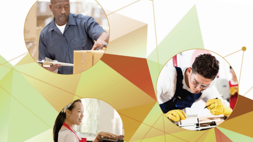 Cover of 2015 OEP Annual report Three images of workers in front of abstract art