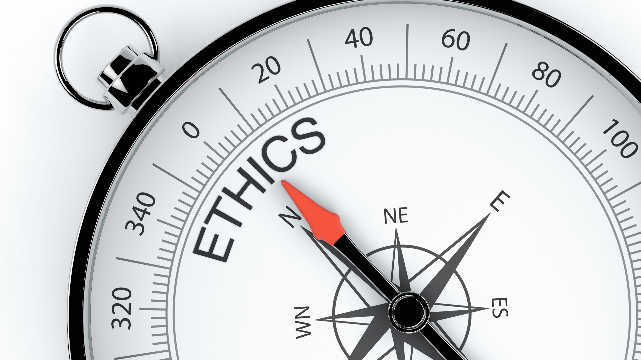 Ethics Compass Compass with dial pointing to the word "ethics."