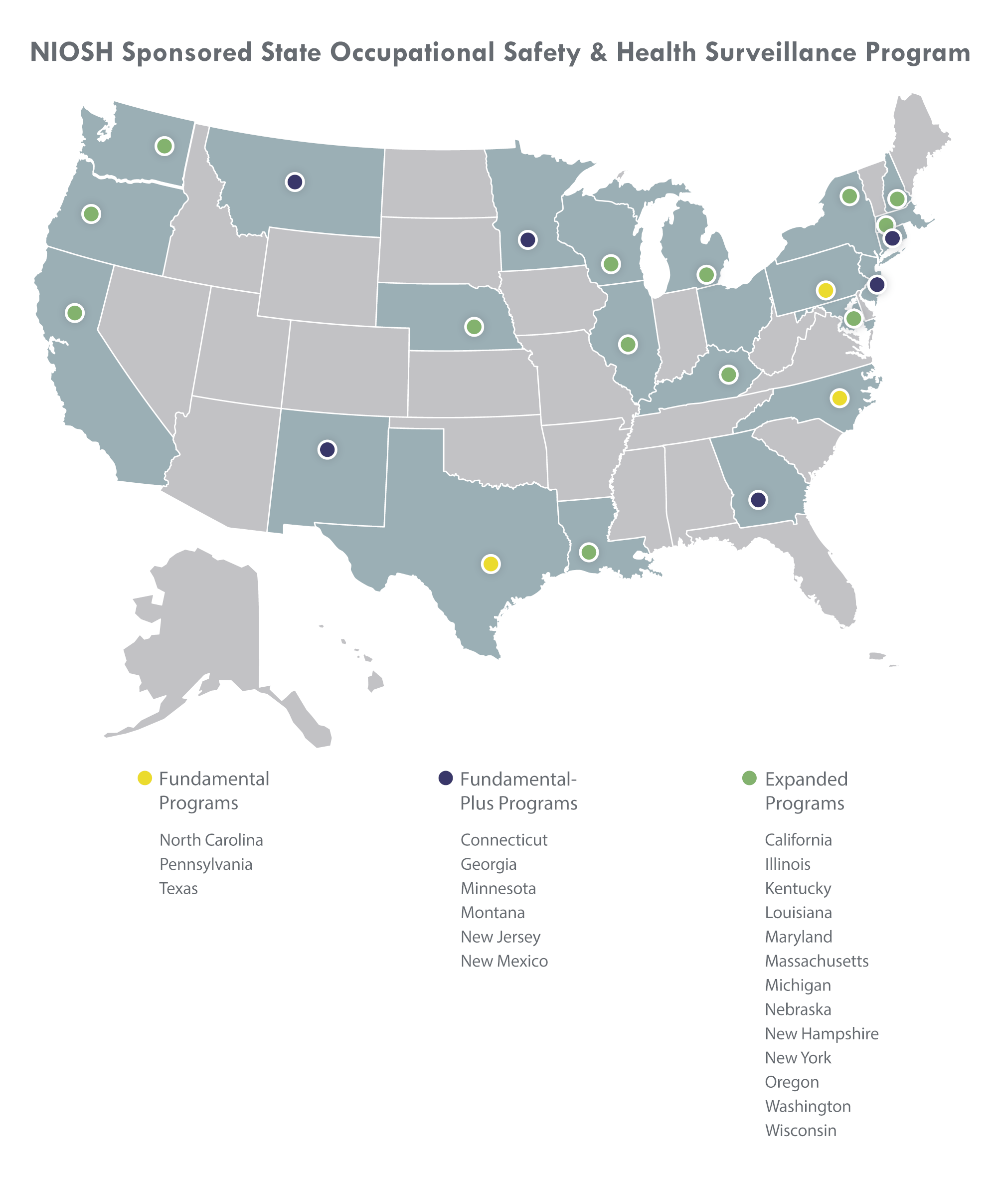 NIOSH Sponsored State Occupational Health Safety Surveillance Program 2019 Map of states participating in the NIOSH Sponsored State Occupational Health Safety Surveillance Program