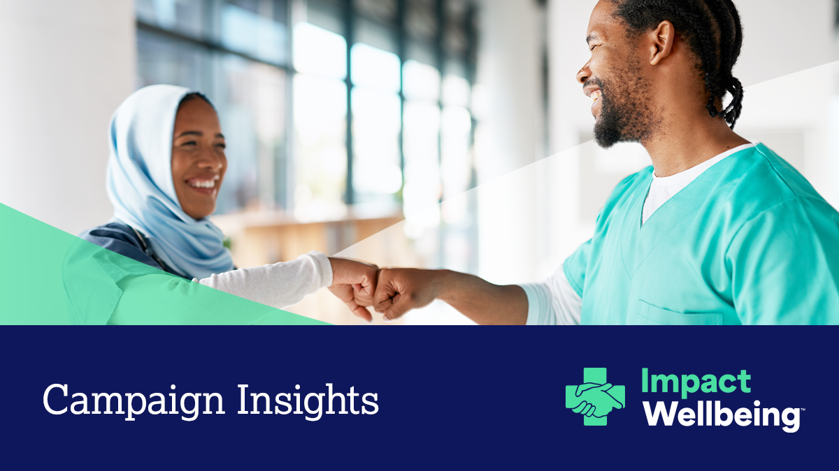 Campaign Insights Hero Two healthcare workers of color fist bump with the text "campaign insights."