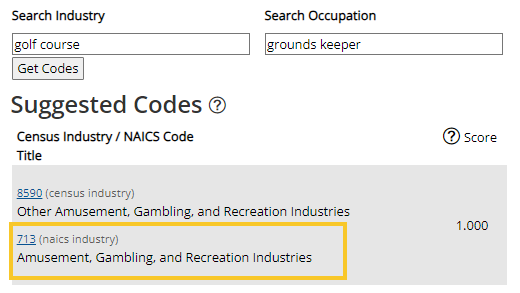 industry coding example nioccs Screen shot of the NIOCCS autocoder. "Golf Course" was entered in the industry field; NIOCCS provided the standard NAICS code "713".