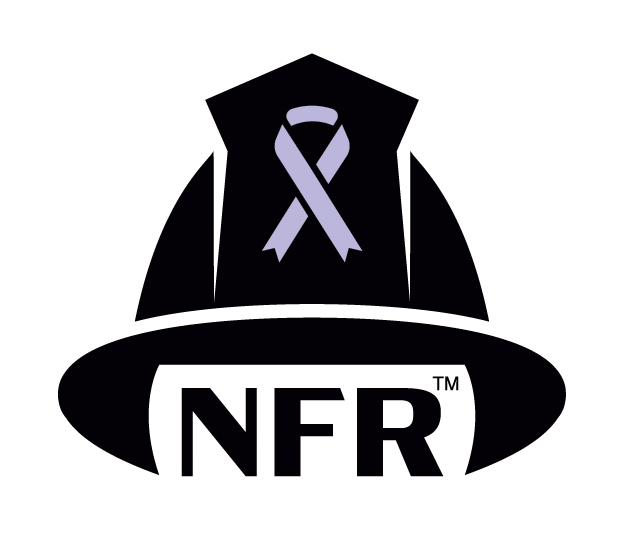 NFR-Helmet Black firefighter helmet with purple cancer ribbon on front; "NFR" under the helmet