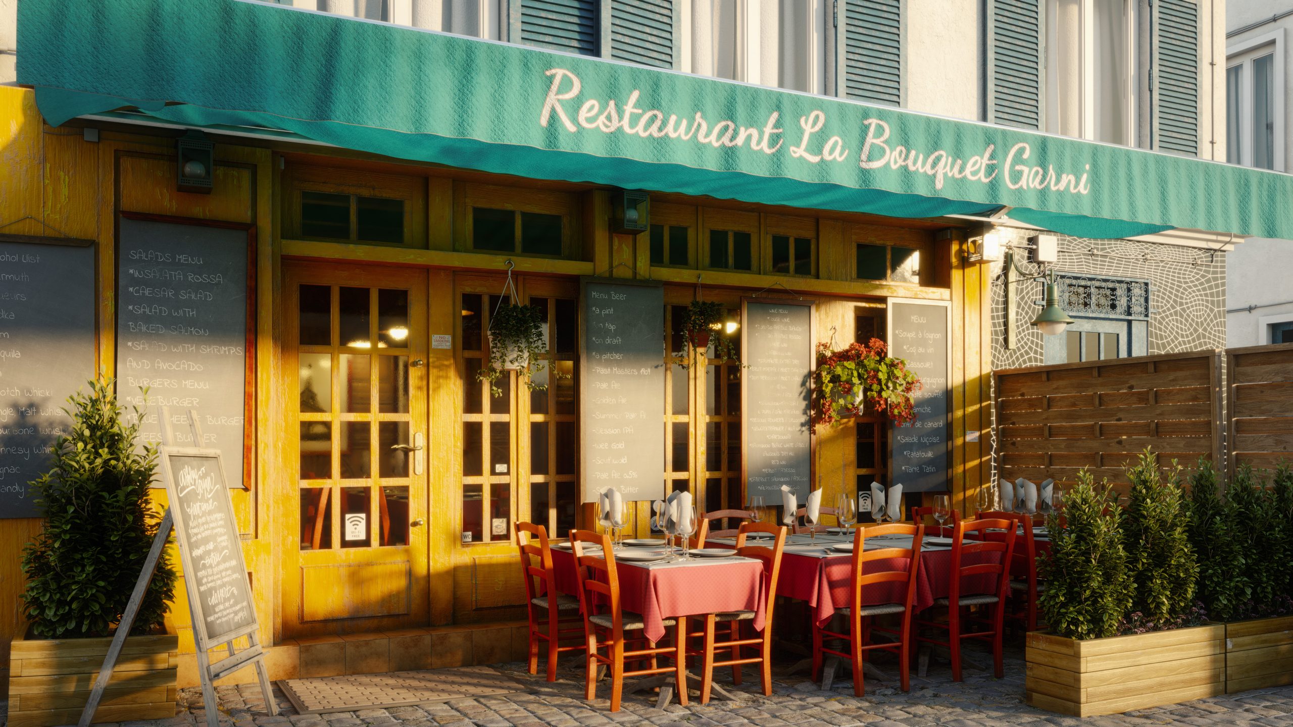 restaurant Image of the outside of a restaurant with a teal blue awning and yellow doors.
