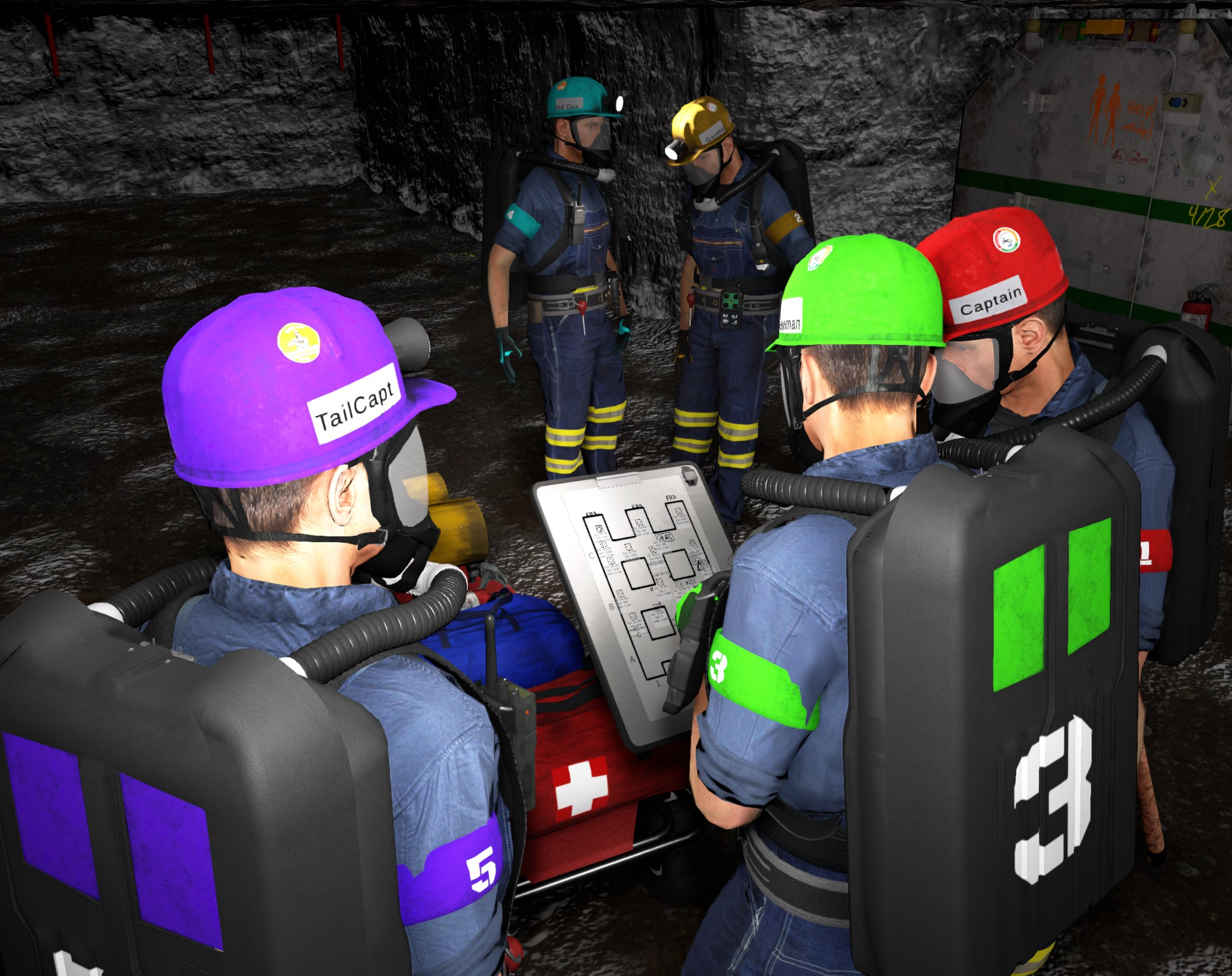 Fig. 1: A screen capture from the third-person perspective of a five-man mine rescue team working through a mine emergency scenario in VR-MRT. A screen capture from the third-person perspective of a five-man mine rescue team working through a mine emergency scenario in VR-MRT.