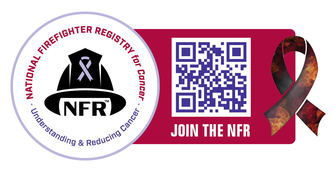 FFCAM NFR QR Code NFR logo of Firefighter helmet with purple cancer ribbon; next to a QR code with Join the NFR and FFCAM ribbon
